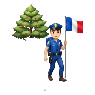 Adventurous man hiking with a police badge with mountains in the background. The French flag is on a tree sticker