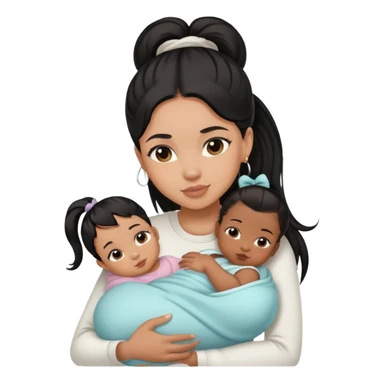 light skin black hair girl cuddling a newborn baby and a girl  with a high ponytail sticker