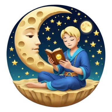 human mystic character reading alchemy book under giant floating moon sticker