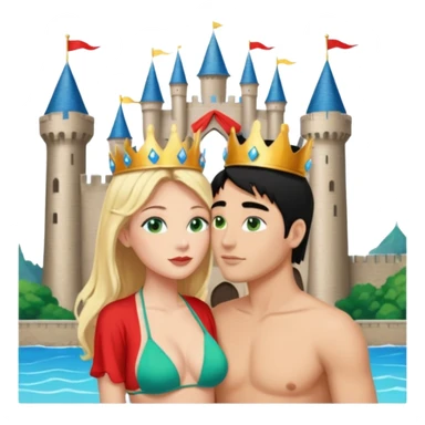 Blonde Queen with crownGreen eyes in Bikini kissing Male subject without crown black hair blue eyes Background Castle  sticker