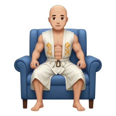 fullbody jacked bald guy, sleeveless and unbuttoned in full white robe sitting without chair and hands down sticker