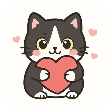 A kawaii style tuxedo cat with yellow-green eyes, white muzzle, and a symmetrical black patch on the forehead and around the eyes, hugging tightly a red heart on one side. Keep the kawaii style and details from the reference image. sticker