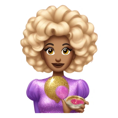 A drag queen with huge hair and a glittery dress, putting on blusher from a compact sticker