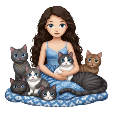 detailed realistic looking a dark grey and white cat regally laying with six other cats, cuddling with their owner in bed who is a pretty bratz lightly tanned white girl with long dark brown hair, blue eyes and gorgeous long wavy hair wearing a pretty detailed dress sticker