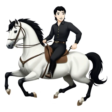 A hand-drawn, black-and-white digital illustration in a playful, cartoonish style. A man with solid black hair and solid black pants is riding a horse, holding the reins with confidence. He has a joyful and adventurous expression as the horse moves forward with energy. The horse has a flowing solid black mane and tail, with strong, bold lines emphasizing its movement. Its legs are slightly bent, giving a sense of action. The background is minimal, keeping the focus on the rider and the horse sticker