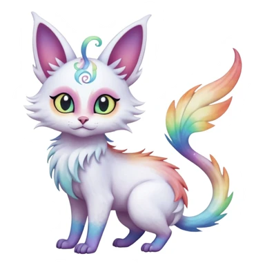 Pure-snow-White albino iridescent with pastel rainbow-gradients-color-markings with swirly patterns butterflies  faerie-Noivern-Noibat-Purloin-Torracat-Lykoi-Caracal-cat-Fakemon-fusion-hybrid-creature sticker