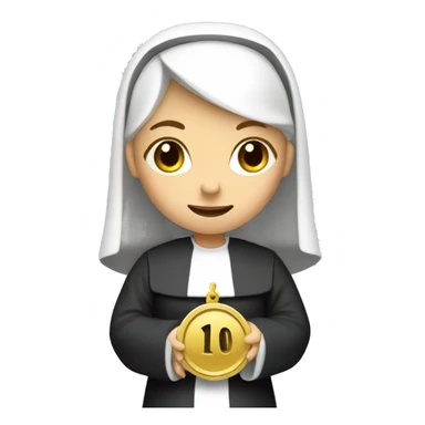 A blonde nun holding a coin with the number 10 on it sticker