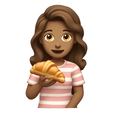 A girl with wavy brown hair, brown eyes, tan, eating a croissant with egg, bacon, and ham sticker