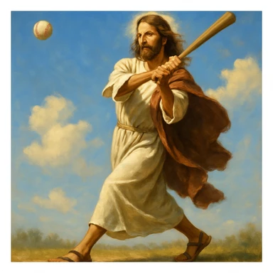 Jesus in sandals and robe mid-swing with a baseball flying, peaceful and athletic, sunny sky background sticker