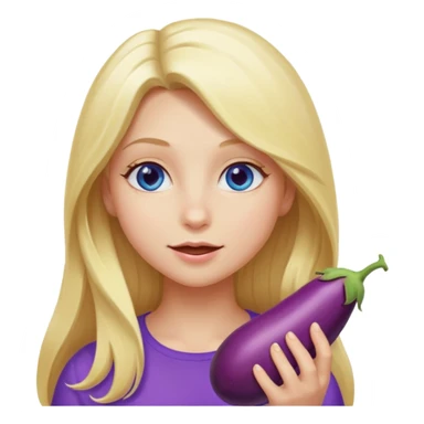 Blonde long hair girl, blue eyes, eating an eggplant sticker