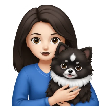 A brunette hair girl holding a black and white 1 Pomeranian dog who has black face but in the middle it’s white line sticker