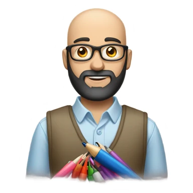 Balding man with black beard, cross on shirt, holding lots of pens  sticker