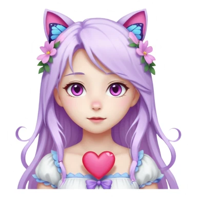 female anime character with pink eyes long white hair periwinkle highlights and cat ears on her head. She is wearing a white dress with purple flowers and butterfly. holding a heart sticker