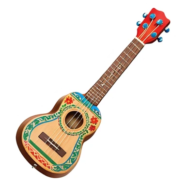 Create a vibrant and artistic emoji representing a ukulele with a Mexican design. The ukulele should feature a bright, colorful body with traditional Mexican patterns, such as geometric shapes, floral motifs, or colorful stripes. Use rich, warm tones like red, yellow, green, and blue to give the instrument a lively, festive look. Highlight the wood grain of the ukulele’s neck and fingerboard, and add subtle details like decorative inlays or a small Mexican flag symbol on the body. The strings should be clearly visible, and the instrument should be in a slightly angled position to showcase its unique design. The background should be transparent. sticker