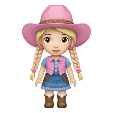 A soft plush cowgirl doll with a pink hat and blonde braids sticker