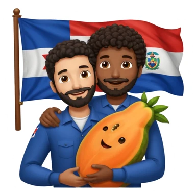 A very happy papaya hugging a medium dark skinned man with dark curly hair with a beard and Dominican flag behind them sticker