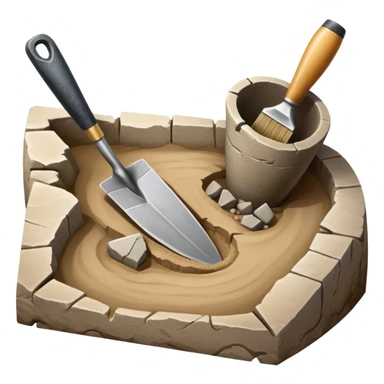 An icon showing an archaeologist’s tools: a trowel, brush, and a partially uncovered ancient artifact like a vase or tablet. The design includes a sandy excavation site with ruins in the background, symbolizing the discovery of past civilizations. Transparent background  sticker
