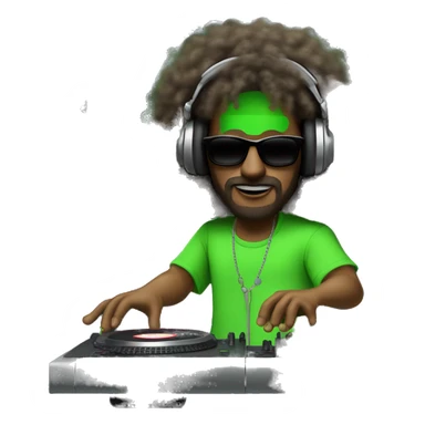 tall white dj man with long frizzy hair, shades, headphones and an electric green shirt on that says “CHANTS”, on a mixer turntable sticker