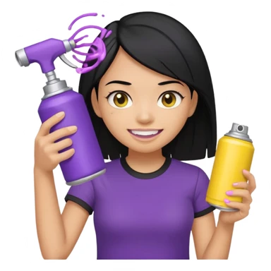 a girl with black hair, yellow teeth, black t-shirt, holding just a purple and silver spray can, no other items, genmoji emoji style, reference the attached can sticker