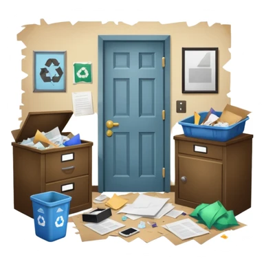 dirty room with papers and trash sticker