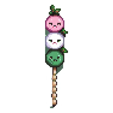 Pixel art Japanese dango skewer with three colorful rice balls in pink, white, and green colors sticker