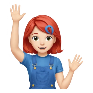 redheaded girl with blue hair, 1960s hairstyle, blue overalls, no text, waving sticker