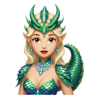Am amazing blend of a half dragon woman with glittering jeweled scales covering her body. She has large almond shaped eyes, lush lips, and she wears a stunning luminescent gown. sticker