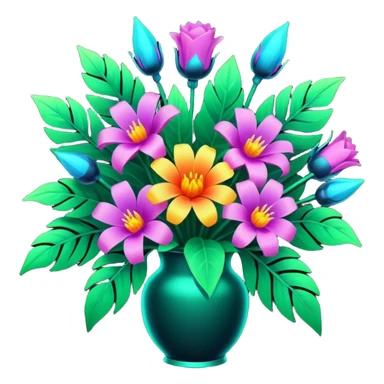  8k.quailty oversized beautiful, vivid? Different shaped, different types, glowing detailed cyberpunk style bouquet of flowers. Must have lush green leaves. Clean thin lines, smooth appearance, no emoji icons, no background, isolated, rendering. sticker