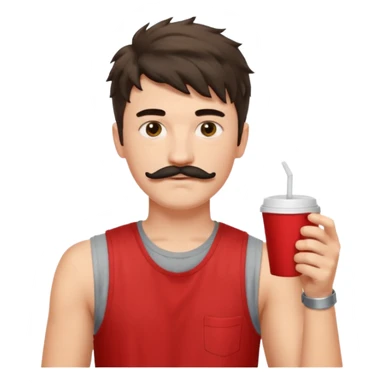 generate an ios genmoji of a fair 20 year guy with black mustache, messy mullet hairstyle, drinking takeaway coffee. wearing a sleeveless red tshirt sticker