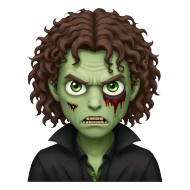 long curly haired male zombie with brown hair color and green eye color, with dark vampire clothes and angry face emotion sticker