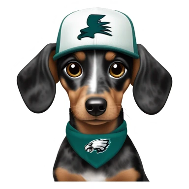 Miniature Blue Merle  Light Tri Brown and Black Spotted Dachshund wearing Philadelphia Eagles Hat with C on Jersey sticker