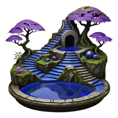 Crashed Alien saucer pool-saucerhouse jungle winding staircase lakeside mountainside-island getaway haunted nighttime landscape antique mudman very old broken cracked intricate Stone Age lapis-crusted irregular dodecagon-shaped shallow dark moss rough bark violet flowered maple tree bonsai sticker