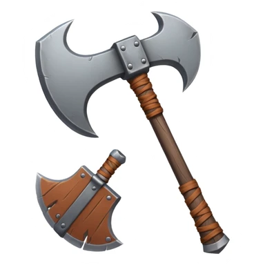 barbarian axe object icon, huge double-bladed axe, rough metal, wooden handle, leather wraps, fantasy style, 3D cartoon, mobile game icon style, centered, clean background, soft shadow, no text, no watermark
 sticker