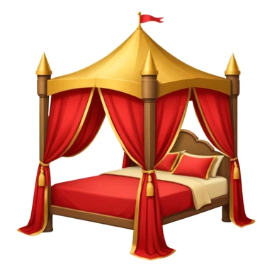 bed with red and gold sheets, wooden, canopy, simple, castle like sticker