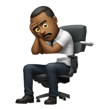 man sitting at a wooden work desk in office chair slumped and looking frustrated sticker