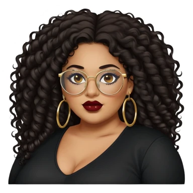 big plus size, latina, darker tan skin, gold hoops, long black curly hair, baddie,pretty, makeup, dark red lipgloss, black eyeliner, long hair, black shirt, black glasses sticker