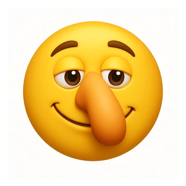 Create a yellow smiley face emoji with a large nose and the same facial expression as the reference image. The style should be 3D iOS emoji style, capturing the exact look and feel of the original emoji. Add a soft shadow under the nose. sticker