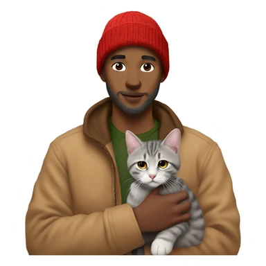 white 28 year old man with gray hair red beanie, and tan carhartt coat on holding a tabby cat in a home office sticker