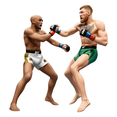 An MMA showdown between Conor McGregor and Anderson Silva in the octagon. McGregor is executing a jumping strike, while Silva skillfully deflects the attack. The background shows the UFC octagon with roaring fans and vibrant energy. Transparent background. sticker