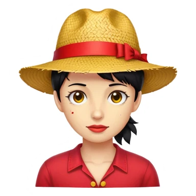 Black hair, straw hat with red robbion, red shirt with yellow buttons, stitched scar under Right eye. sticker