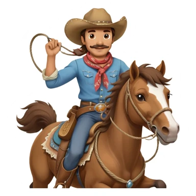 clash-of-clans-aesthetic_-cinematic-playful-cowboy-portrait-emoji, head-tilted with a roguish, cheeky grin and twinkling eyes, featuring a rugged, spirited build with a wide-brimmed cowboy hat and a weathered bandana on tan skin, brown hair and a moustache , riding a powerful galloping horse with dynamic flowing mane, reins gripped firmly in one hand and a lasso in the other, as dust swirls behind them in a vast desert landscape. sticker