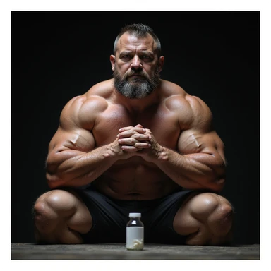 realistic powerlifter sitting with hands joined, bottle of anabolic steroids (AAS) in front of him, serious and thoughtful look, visible muscles, isolated on white background sticker