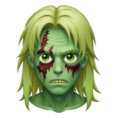 handsome male zombie with green skin, dirty blonde long anime hair, green eyes, facing forward, iOS emoji style sticker
