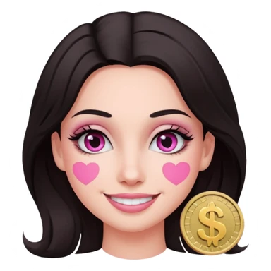 fair-skinned woman with dark hair, dollar sign ($) eyes, smiling, pink brush sticker