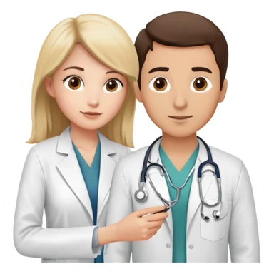 Female doctor in white coat using stethoscope to examine male patient's bare upper body during medical check-up sticker