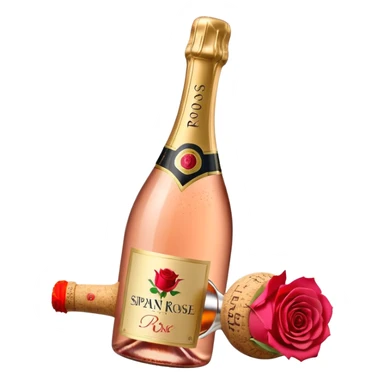 bottle of sparkling rosé champagne with a rose logo on the label, with the cork popping out from the top, tilted up and to the left, no glass sticker