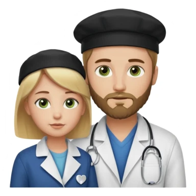 a blonde bearded guy wearing black cap, tall, fair skinned, brown eyes,  looking into the girls eyes who is short than him having green eyes and brown hair, who is in love with the guy, girl is wearing a lab coat, guy is wearing a brown jacket and blue jeans sticker
