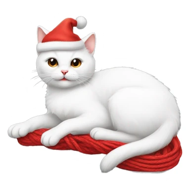 white cat on its back wearing a christmas hat playing with a ball of red yarn sticker
