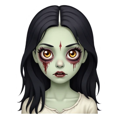 zombie girl, with big brown eyes, big eyelashes and black eyeliner, black long hair sticker