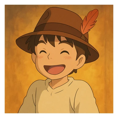 boy wearing a brown fedora with a feather, cheerful, warm lighting, Ghibli style sticker